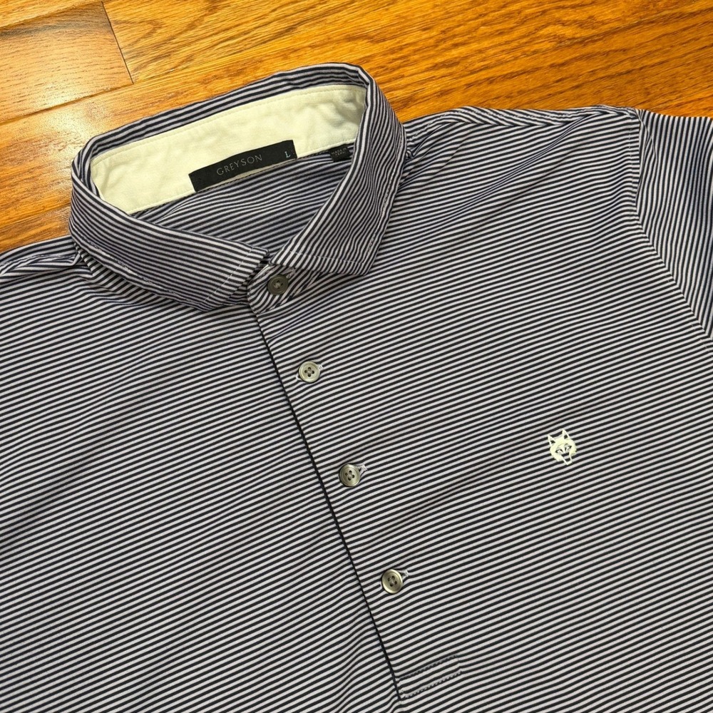 Greyson Golf Performance Polo Shirt Mens Large Blue Striped Wolf Logo Stretch